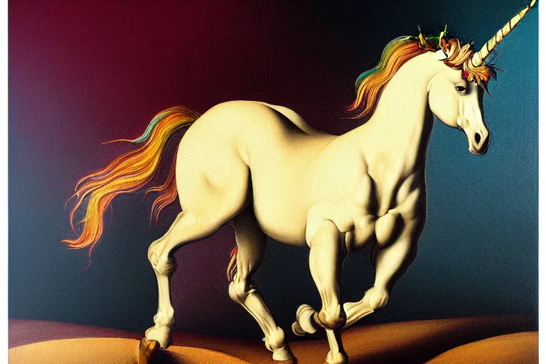 Image similar to detailed traditional painting of a unicorn walking on a rainbow, ((rainbow)) by Caravaggio, authentic, masterpiece, brush strokes, trending on artstation