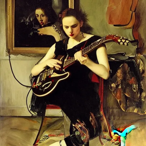Prompt: Anna Calvi playing electric guitar, oil painting by Giovanni Boldini and Caravaggio, masterpiece