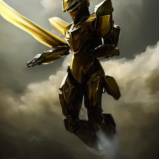 Image similar to full body picture of armored valkyrie descending from clouds, renaissance halo, gold lighting, cinematic, art, elegant, powerful, digital painting, sharp details