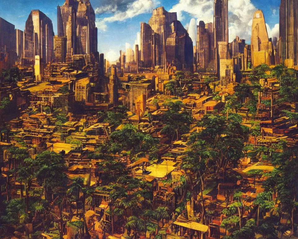 Prompt: an achingly beautiful oil painting of an Incan God standing alone in the square of a vibrant futuristic jungle city by Raphael and Hopper.