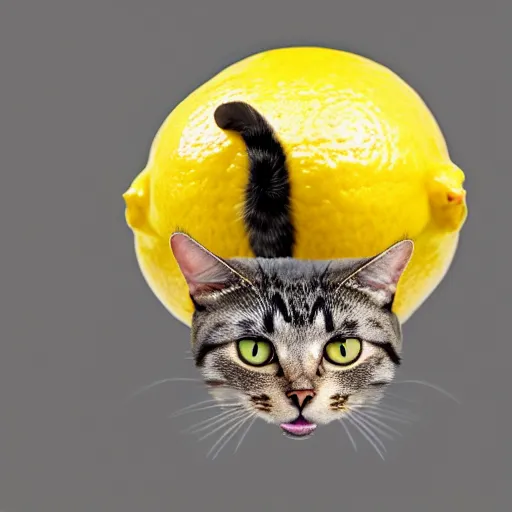 Image similar to a cat eating a lemon in disgust, photorealistic, 4K