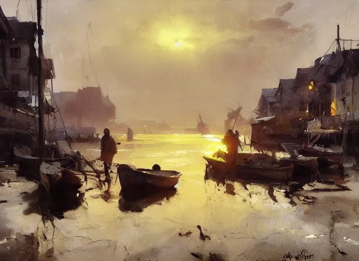 Image similar to oil painting of fishing village in dawn by anders zorn, wonderful art by greg rutkowski, incredible lighting, shadows, beautiful cinematic light, american romanticism by greg manchess, very bright and optimistic, warm and cold contrast, heat and freezing