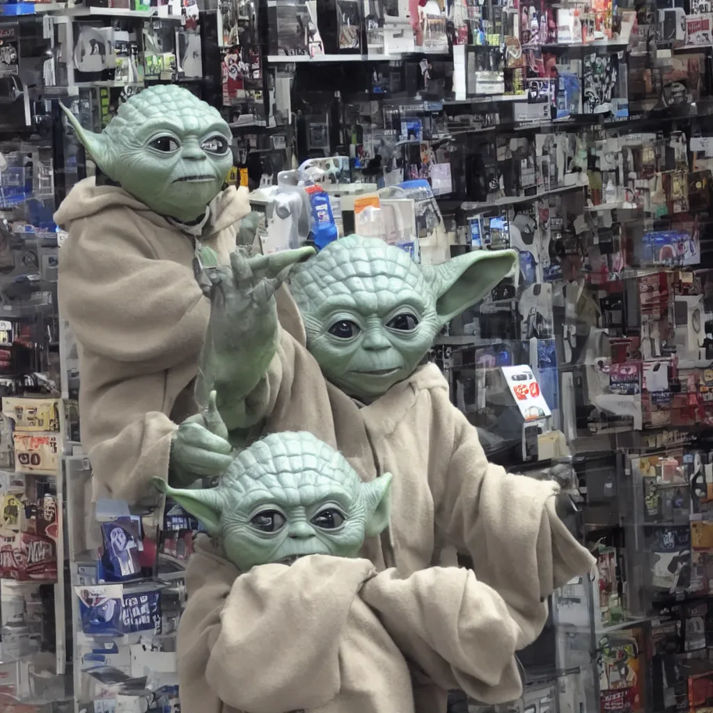 Prompt: CCTV Yoda robbing a store