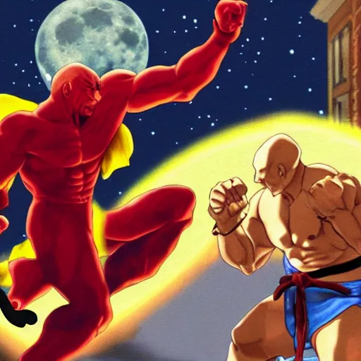 Image similar to picard fighting akuma from street fighter 2 at night with a full moon low in the sky