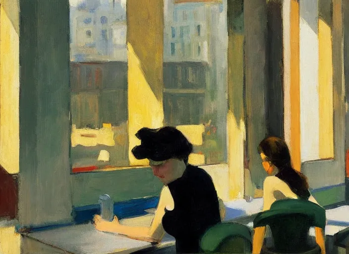 Prompt: artwork by malcolm liepke and edward hopper, an extrior view of a cafe in the afternoon