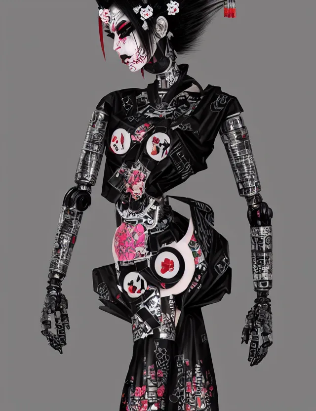 Image similar to full body portrait of a gothic style punk geisha robot with kanji tattoos and decals wearing a digital pixelated kimono, intricate design, photo - realistic, octane render, dark colour palette, ultra fine detailed, character design, trending on artstation