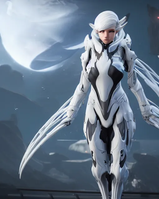 Image similar to perfect white haired girl, warframe armor, beautiful, detailed, windy weather, scifi platform, laboratory, experiment, 4 k, ultra realistic, epic lighting, cinematic, high detail, masterpiece