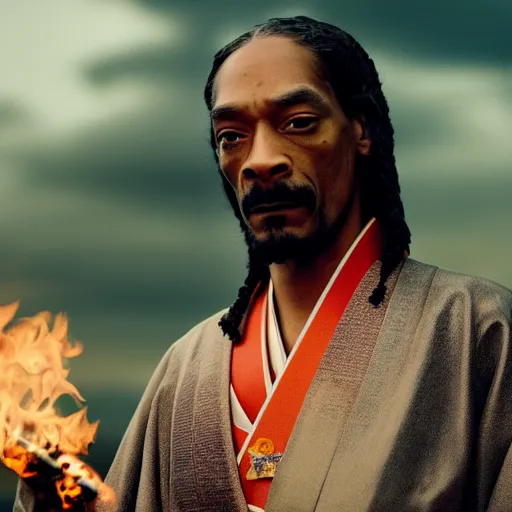 Image similar to cinematic film still of Snoop Dogg starring as a Samurai holding fire, Japanese CGI, VFX, 2022, 40mm lens, shallow depth of field, film photography