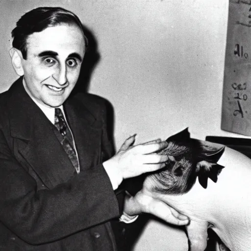 Prompt: edward teller petting a pig in an office at the manhattan project 1 9 4 4 high - quality archive photo