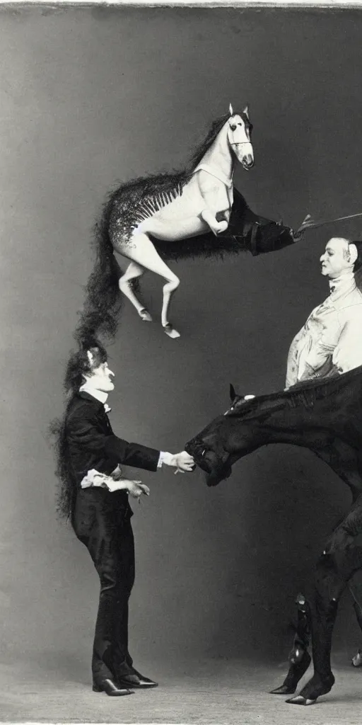 Image similar to t rex and a horse wearing high heels shaking hands. Business men, anamorphic, strange, black and white, photograph, 1850s