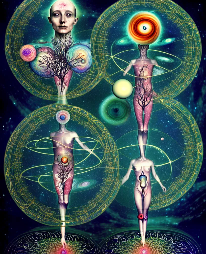 Image similar to inside the universe of a human body soul, whimsical uncanny creature alchemizes unique canto about'as above so below'being ignited by the spirit of haeckel and robert fludd, breakthrough is iminent, glory be to the magic within, to honor jupiter, surreal collage by ronny khalil