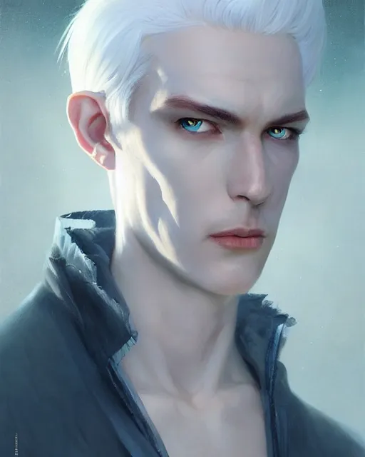 Image similar to character portrait of a slender young half elven man with white hair, piercing bright blue eyes, and pale bluish skin, by greg rutkowski, mark brookes, jim burns, tom bagshaw, trending on artstation