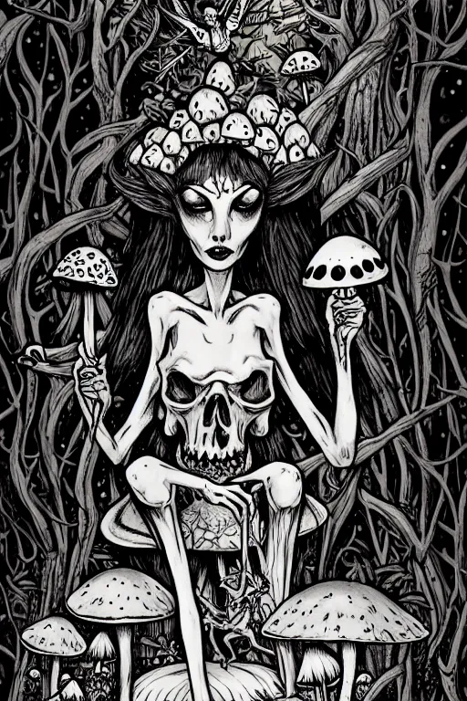 Image similar to a gothic fairy sitting on a toadstool in a forest, skulls and mushrooms, fantasy graphic novel style, by wendy pini, intricate, very fine inking lines, extremely detailed, 4k, hd