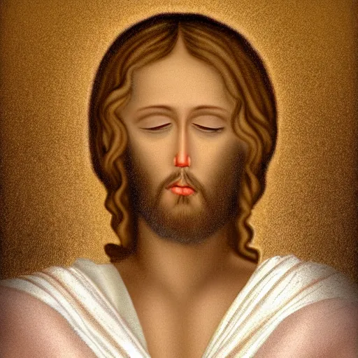 Prompt: jesus holding his right hand in his face, digital art