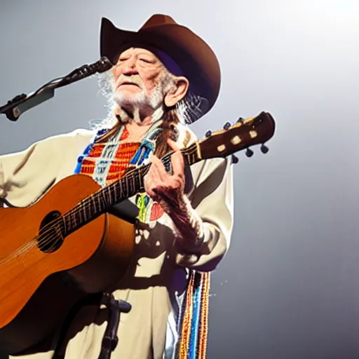 Image similar to willie nelson on stage, four fingers holding guitar. god rays through fog.