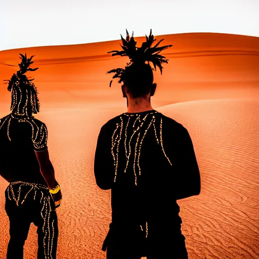 Image similar to portrait of three ravers photographed from behind, talking around a fire, photorealistic, dancefloor kismet, diverse costumes, clean composition, desert transition area, bonfire, night, australian desert, xf iq 4, symmetry, sony a 7 r, 1 5 0 mp, 5 0 mm