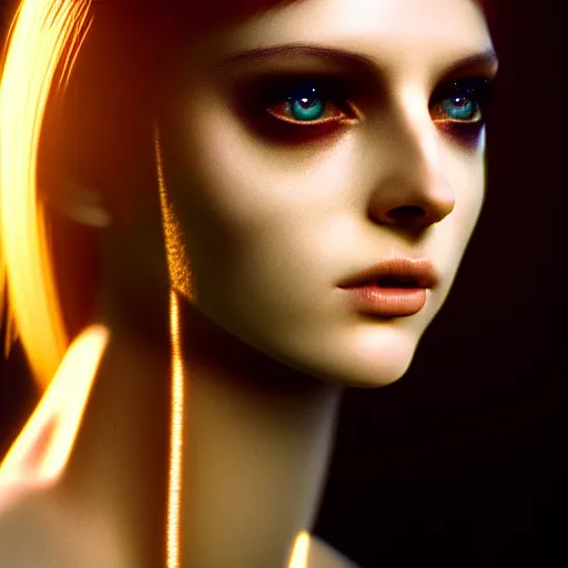 Image similar to photographic portrait of a stunningly beautiful cybergothic female replicant android in soft dreamy light at sunset, contemporary fashion shoot, by edward robert hughes, annie leibovitz and steve mccurry, david lazar, jimmy nelsson, breathtaking, 8 k resolution, extremely detailed, beautiful, establishing shot, artistic, hyperrealistic, beautiful face, octane render