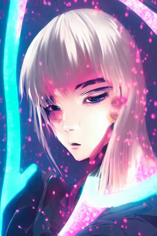 Prompt: portrait anime visual of futuristic female cyber airforce, on neon light tokyo snowy rooftop, by serafleur