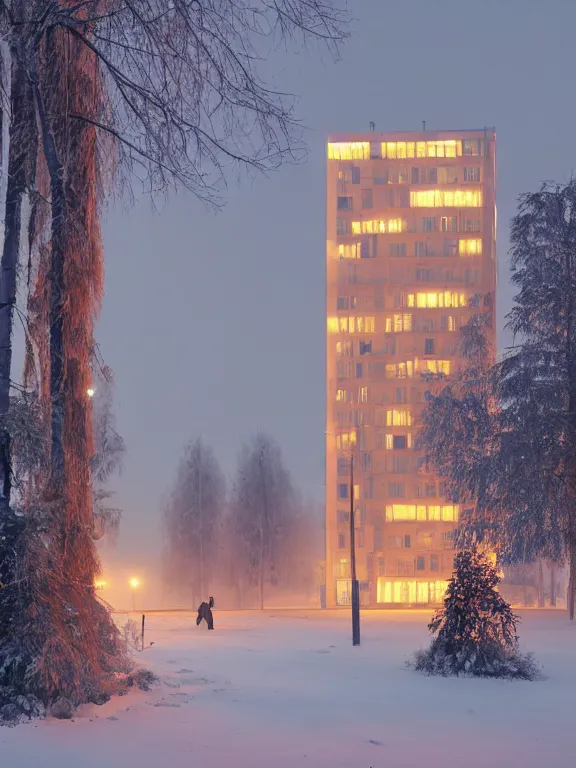 Image similar to award - winning photo of low soviet residential building, russian suburbs, lights are on in the windows, deep night,, cozy atmosphere, winter, heavy snow, light fog, streetlamps with orange light, volumetric light, several birches nearby, elderly people stand at the entrance to the building, mega detailed, unreal render