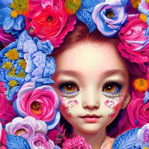 Prompt: flowers, bright colors highly detailed, ultra realistic digital painting, rococo, japonisme, artstation, concept art, pop, smooth, sharp focus, illustration, art by mark ryden 3 d 8 k ultra detailed