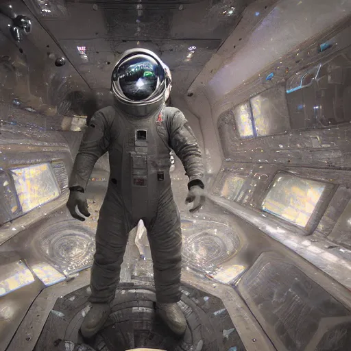 Prompt: concept art by craig mullins astronaut in futuristic dark and empty spaceship underwater. infrared complex and hyperdetailed technical suit. mandelbulb fractal. reflection and dispersion materials. rays and dispersion of light. volumetric light. 5 0 mm, f / 3 2. noise film photo. flash photography. unreal engine 4. glow lights. interstellar movie art