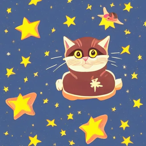 Image similar to baby wizard cat flying across the space with bright stars