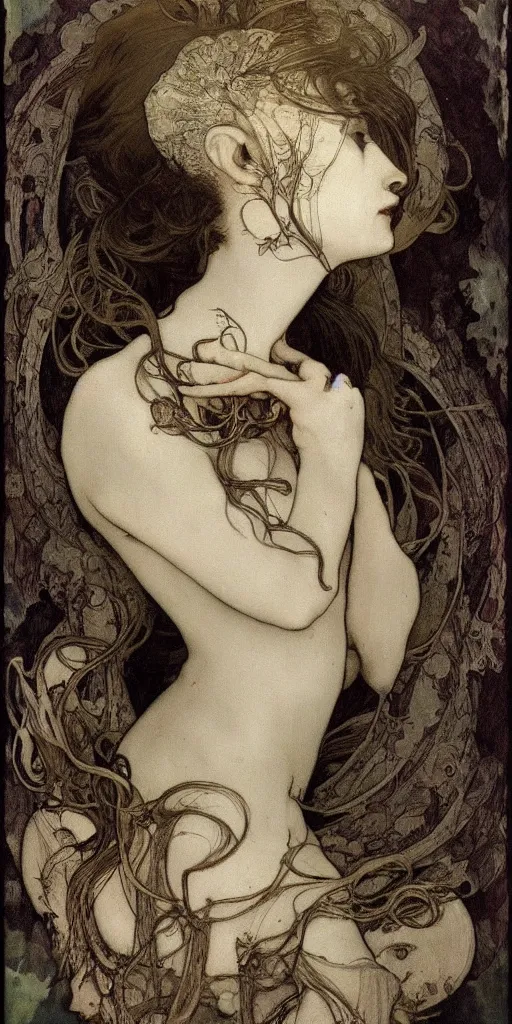 Prompt: beatiful haunting sensual cryptid woman, by emil melmoth, by alphonse mucha