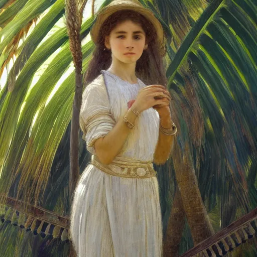 Image similar to a ultradetailed beautiful painting of a girl in the amazonas palace balustrade designed by jules bastien - lepage, hans belmer, frank weston and gustave baumann, beach, trending on artstation, mediterranean, palm trees, detailed face, sharp focus, soft light, 8 k 4 k