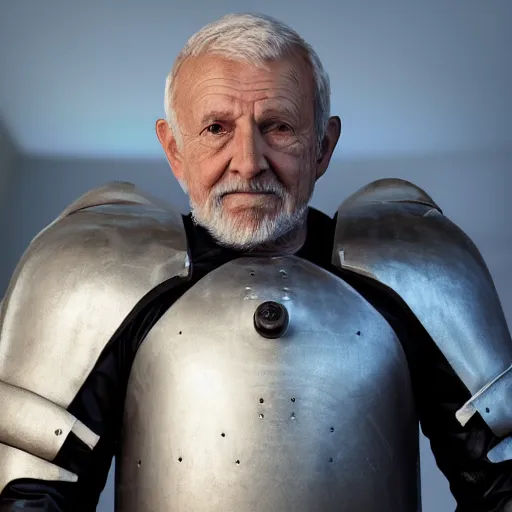 Image similar to photograph of an old man wearing futuristic white heavy armor futuristic sci - fi hyper realistic first person view dramatic lighting