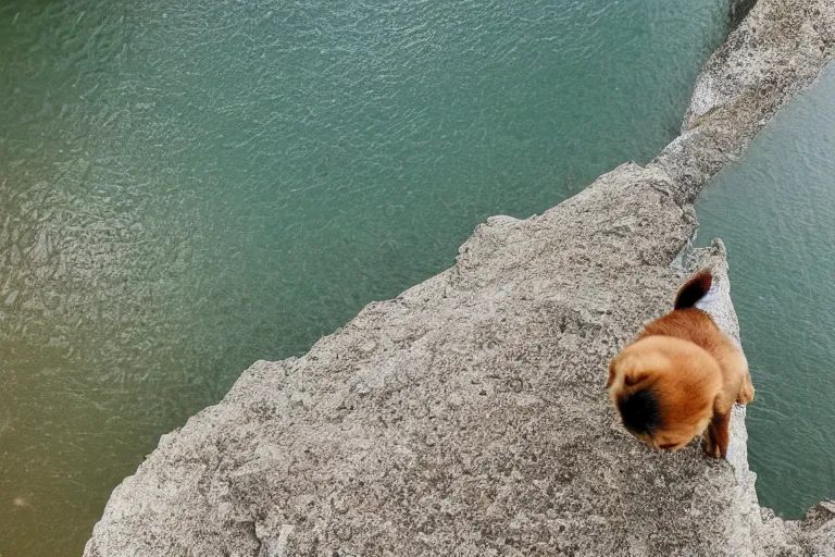 Image similar to an high angle view of a scared puppy that is looking directly down at the water below while standing at the edge