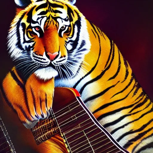 Prompt: a bengal tiger playing the guitar, 8k, photorealistic, intricate detail, high contrast