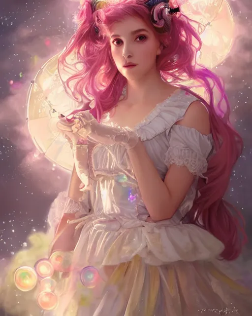 Image similar to portrait of magical lolita girl, dreamy and ethereal, expressive pose, big gold eyes, exciting expression, fantasy, intricate, elegant, many rainbow bubbles, rose tones, highly detailed, digital painting, artstation, concept art, cyberpunk wearing, smooth, sharp focus, illustration, art by artgerm and greg rutkowskiand alphonse mucha