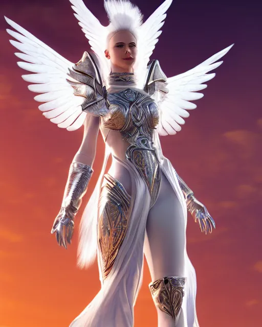 Prompt: perfect white haired egyptian goddess wearing white dove wings, warframe armor, regal, attractive, ornate, sultry, beautiful, charlize theron, half asian, pretty face, blue eyes, illuminated, scifi platform, 4 k, ultra realistic, epic lighting, cinematic, masterpiece, art by akihito tsukushi, voidstar, trending on artstation