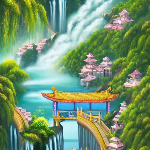 Prompt: dreamy chinese town, high waterfalls, paradise, magical, digital painting, illustration, bird view, hard focus, trending on artstation