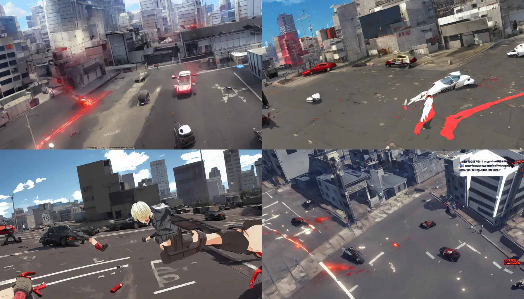 Prompt: a screenshot of a bloody rooftop shootout between Police in a helicopter and bank robbers in a multiplayer stealth first person bank robbery simulator game, set in 1998, anime style graphics inspired by Akira + Heat + FLCL, Unreal engine 5, anime bullet vfx, Highly Detailed, Vibrant, created by Arc System Works + Hideo Kojima + Studio Gainax