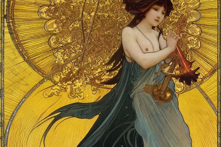 Image similar to glorious beautiful painting of Japanese female angel with flaming sword and golden wings, heavenly background and heavenly light, feminine figure, by James Jean and Alphonse mucha, Neo-Gothic, gothic, Art Nouveau, rich deep moody colors