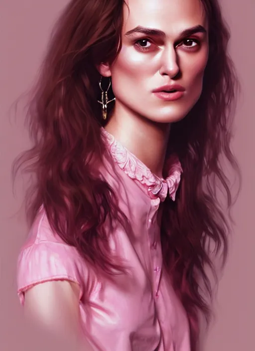 Image similar to full body portrait, teenage keira knightley, pink hair, sultry, realistic, hoop earrings, skirt, shirt, intricate, elegant, highly detailed, digital painting, artstation, concept art, smooth, sharp focus, illustration, art by wlop, mars ravelo and greg rutkowski