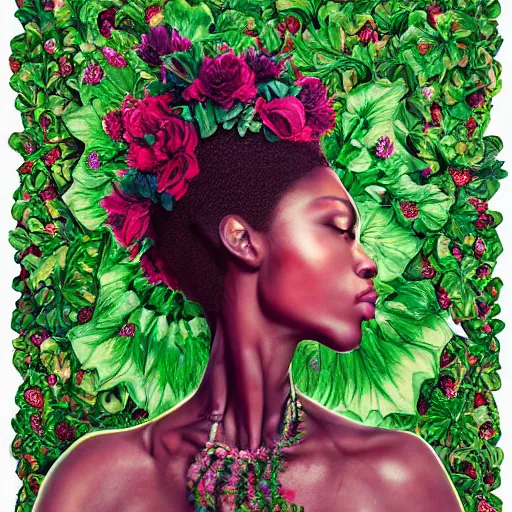 Prompt: the portrait of an absurdly beautiful, graceful, elegant, sophisticated, fashionable black woman made of strawberries and green petals looking up, an ultrafine hyperdetailed illustration by kim jung gi, irakli nadar, intricate linework, bright colors, octopath traveler, final fantasy, unreal engine 5 highly rendered, global illumination, radiant light, detailed and intricate environment