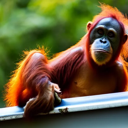 Image similar to a orangutan on top of a train in japan under a beautiful orange setting sun smoking a blunt with shades ok 4 k