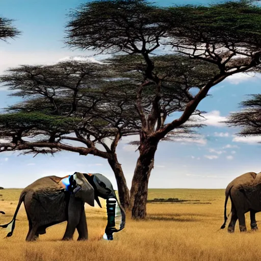 Image similar to a highly detailed panoramic photo by annie leibowitz of the serengeti, with in the background a headless elephant. 8 k, super resolution