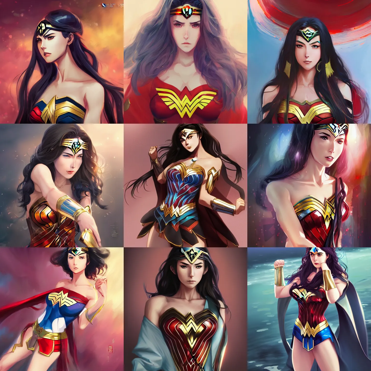 Image similar to A realistic anime wonder woman with wearing a kimono, digital painting, by WLOP and Rossdraws, digtial painting, trending on ArtStation, deviantart