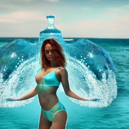 Prompt: water art in the shape of a womens body, on the ocean water, water art, water sculpture, futuristic, glowing, hyper realistic, ray tracing, realistic water splashes, sharp focus, long shot, 8 k resolution, cinematic