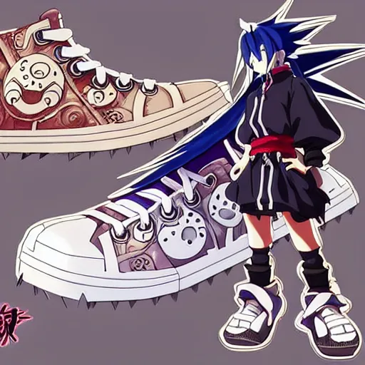 Image similar to fantasy anime jrpg sneaker design designed by studio ghibli, chrono trigger guilty gear style, aztec mayan street fashion native punk sneaker design, hip hop sneaker design with subtle mayan patterns, gapmoe yandere grimdark, trending on pixiv fanbox, painted by greg rutkowski makoto shinkai takashi takeuchi studio ghibli, akihiko yoshida