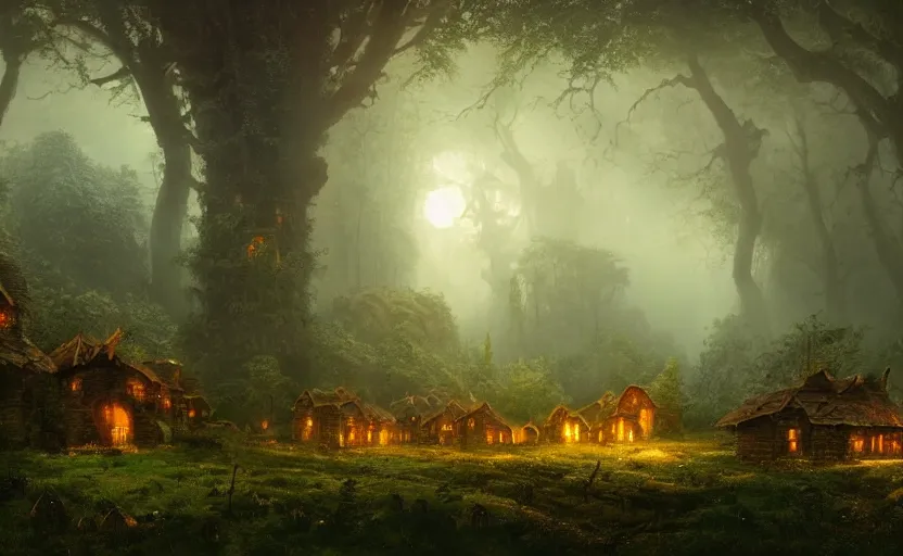 Image similar to A mushroom house close to the camera in the foreground, mushroom houses village in the distance, light coming from the windows, in a dark forest, macro, underexposed, overecast, mysterious matte painting by greg rutkowski and marc simonetti and Ivan Shishkin