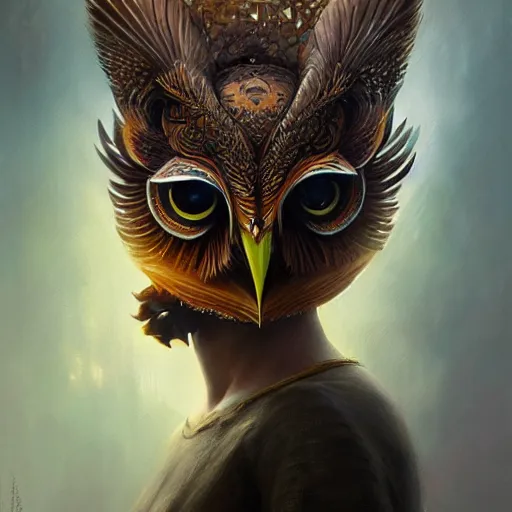 Image similar to a ultradetailed beautiful concept art of a an intricate wooden mask of an owl painted with beautiful colors, but the mask seems to hide some dark secret, concept art, sharp details, high resolution 4 k, by tom bagshaw, greg rutkowski, charli bowater and artgeem