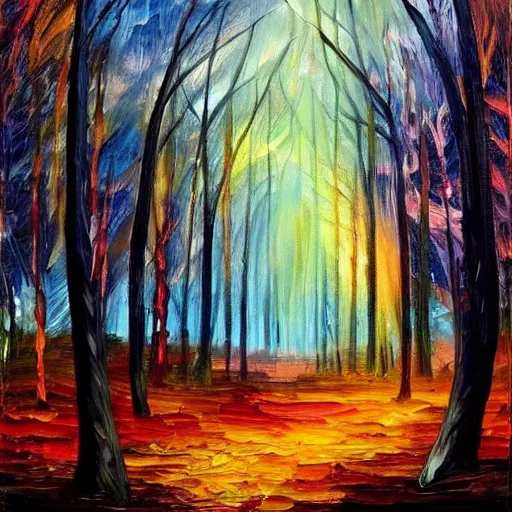 Prompt: a forest in flames with lightning in the background, oil painting, beautiful, enchanting, nature