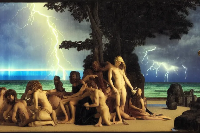 Image similar to Occult statues on front of balustrade and palace columns, refracted lightnings on the ocean, thunderstorm, tarot cards characters, beach and Tropical vegetation on the background major arcana sky and occult symbols, by paul delaroche, hyperrealistic 4k uhd, award-winning, very detailed paradise