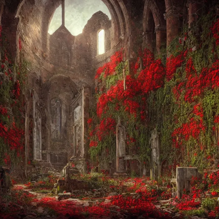 Image similar to a interior photo of a ruined church with a lot of red flowers growing inside at sunset, godrays, complementary colors, concept art, DeviantArt, Ferdinand Knab, beautiful, 8K,highly detailed, high quality