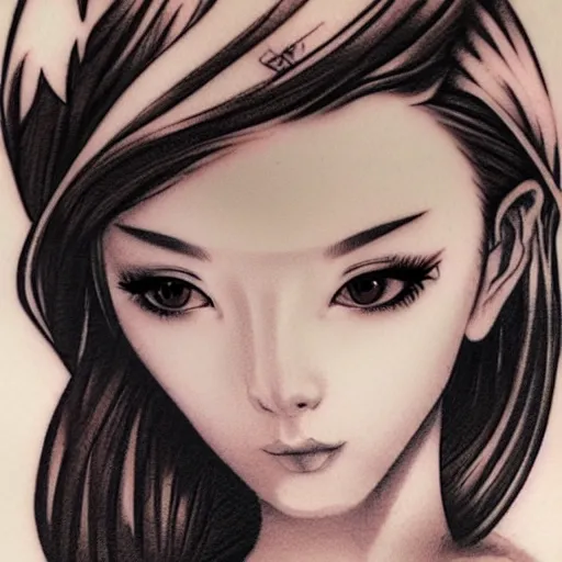 Prompt: tattoo design, stencil, traditional Japanese, beautiful portrait of a girl by artgerm, artgerm