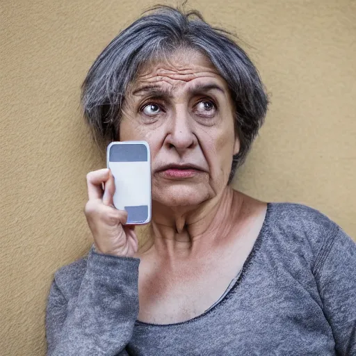 Image similar to astonished and angry middle aged lady looking at smartphone, unsure expression, uncombed hair, greek ethnicity, thin face structure, straight grey hair, angry eyes, photo, realistic, outdoor lighting, 4 k, 8 k, hd, 3 9 mm lens